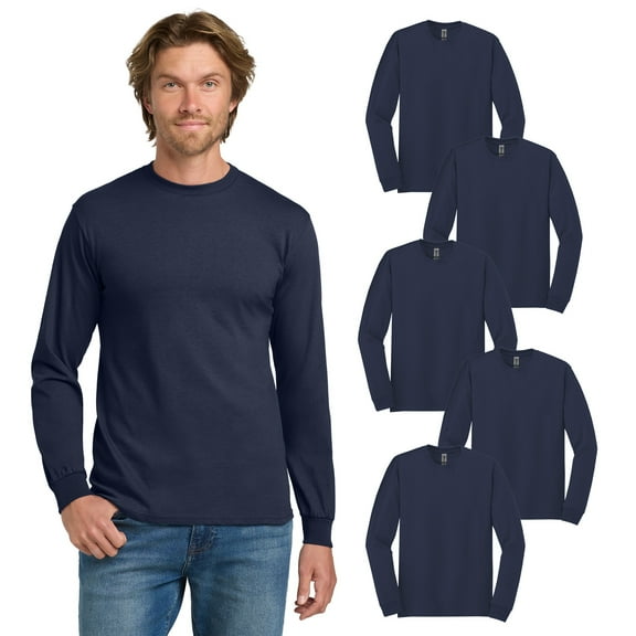Gildan Men's Long Sleeve Classic Fit Crewneck T-Shirt, Heavy Cotton, Casual Navy Tee, Pack of 5, S