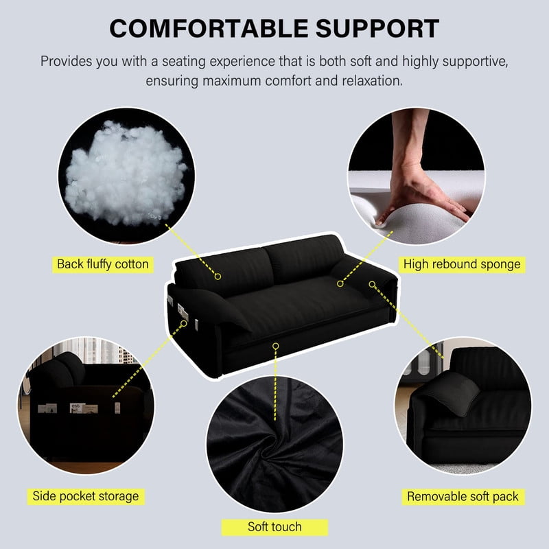 Convertible Queen Size Pull Out Sofa Bed, 3-in-1 Velvet Sleeper Sofa with Side Pocket, Modern 63.8'' Futon Couch for Living Room, Apartment