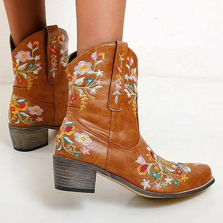 

Kiplyki Weekly Deals Women Embroidered Cowboy Riding Casual Warm Middle Heels Middle Tube Short Shoes