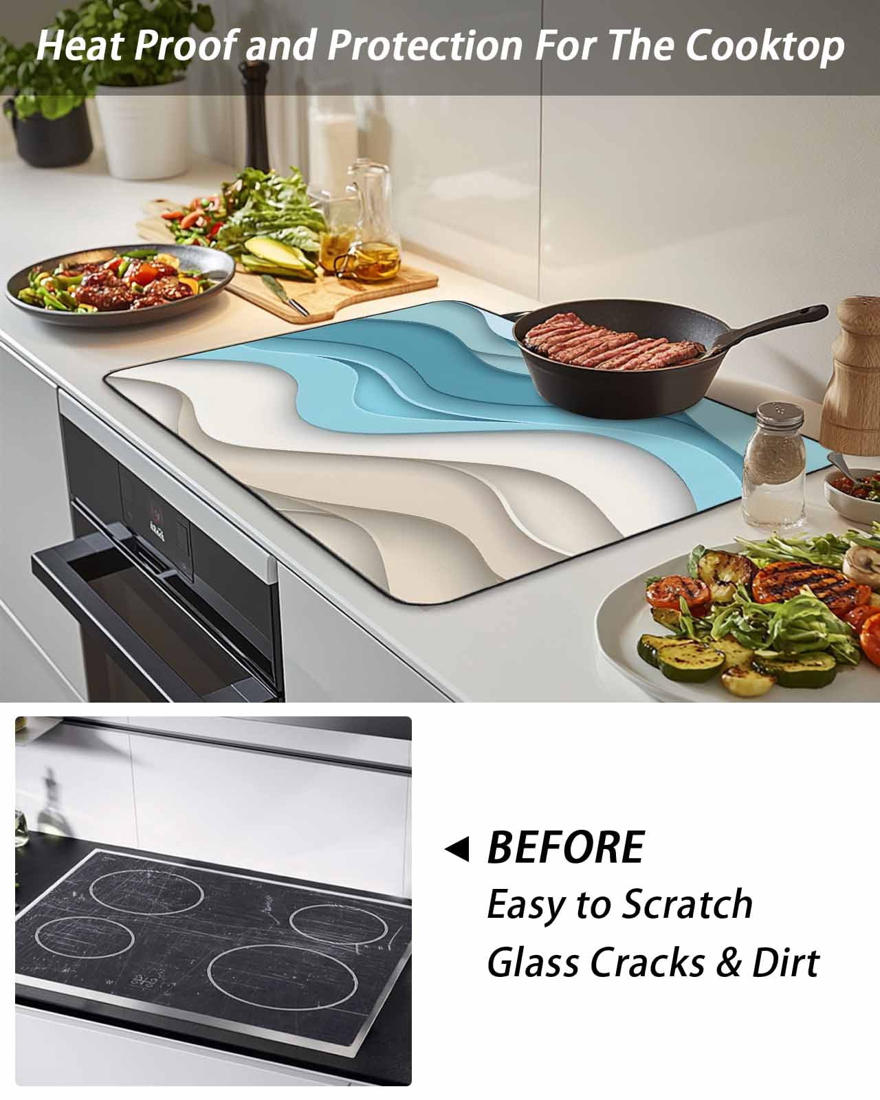 Stove Top Covers for Electric Stove, Aqua Beige Ombre Glass Stovetop Cover Protector, Modern Abstract Moire Art Geometric Induction Cooktop Protector Oven Mat for Kitchen Countertop 24"x21"