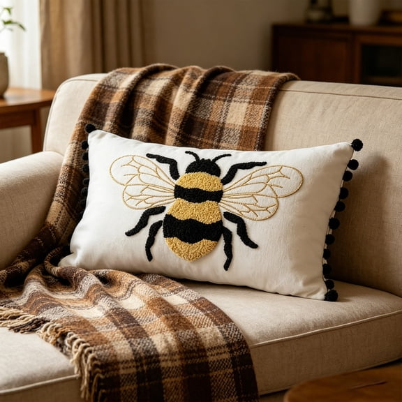 Pillows for Couch, Honeybee Embroidered Cushion Covers With Poms Tassels Decor Pillow Cases
