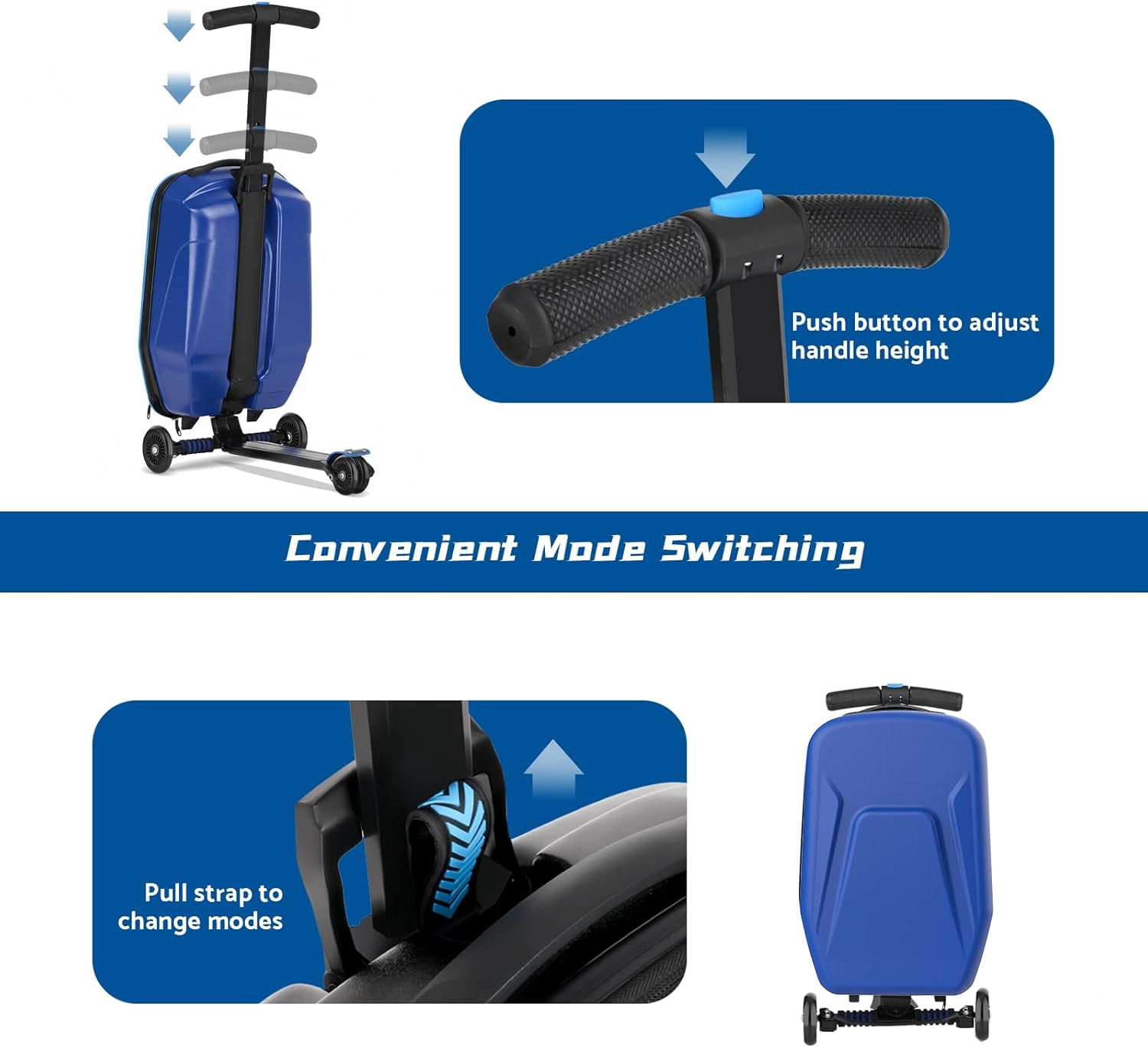20" Hardshell Scooter Suitcase for Kid & Adult Foldable 2 in 1 Ride on Carry on Travel Trolley Scooter Luggage With Wheels Blue