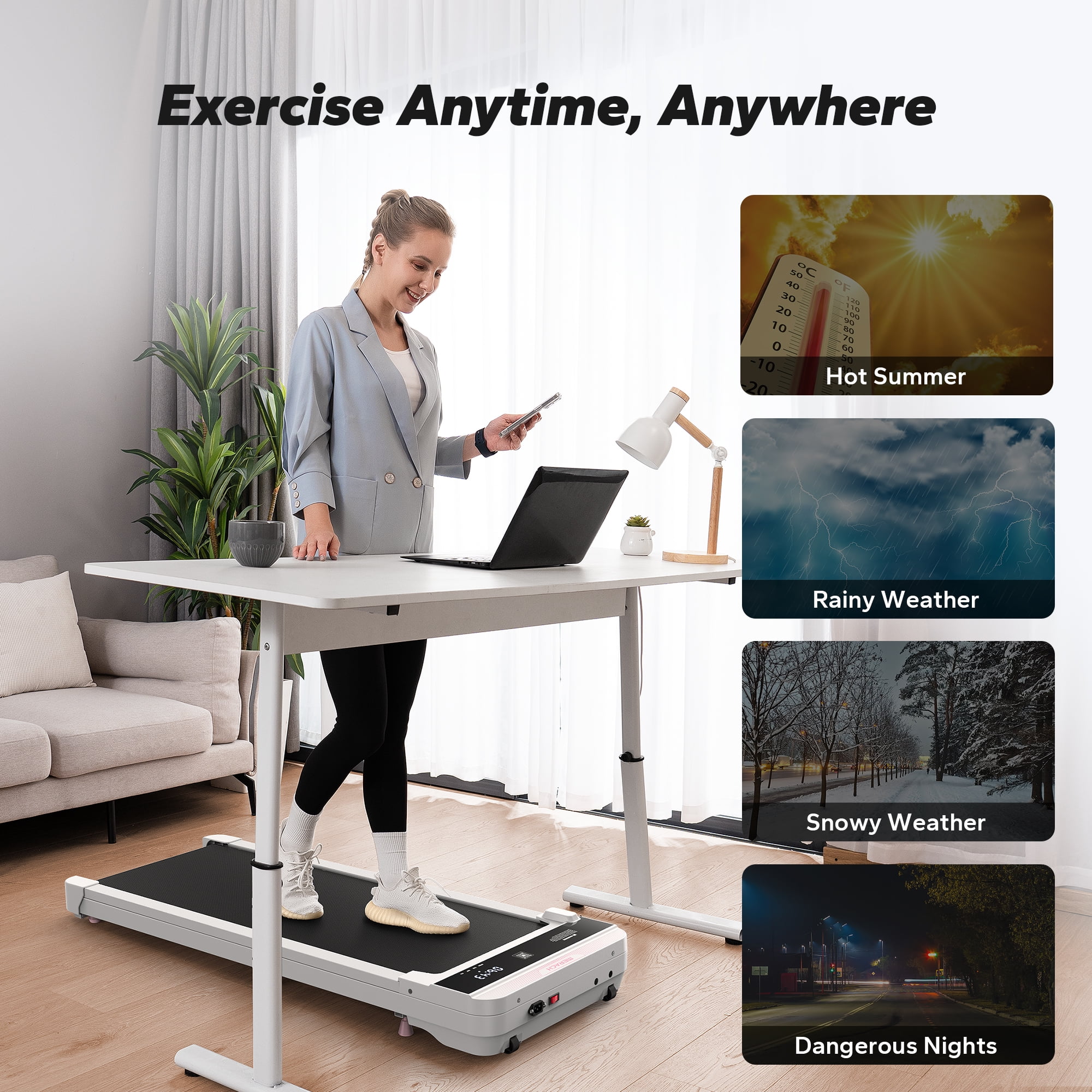 MERACH 2.25 HP Walking Pad, Under Desk Treadmill with APP, Remote Control,LED Display, 0.6-3.8 MPH, White
