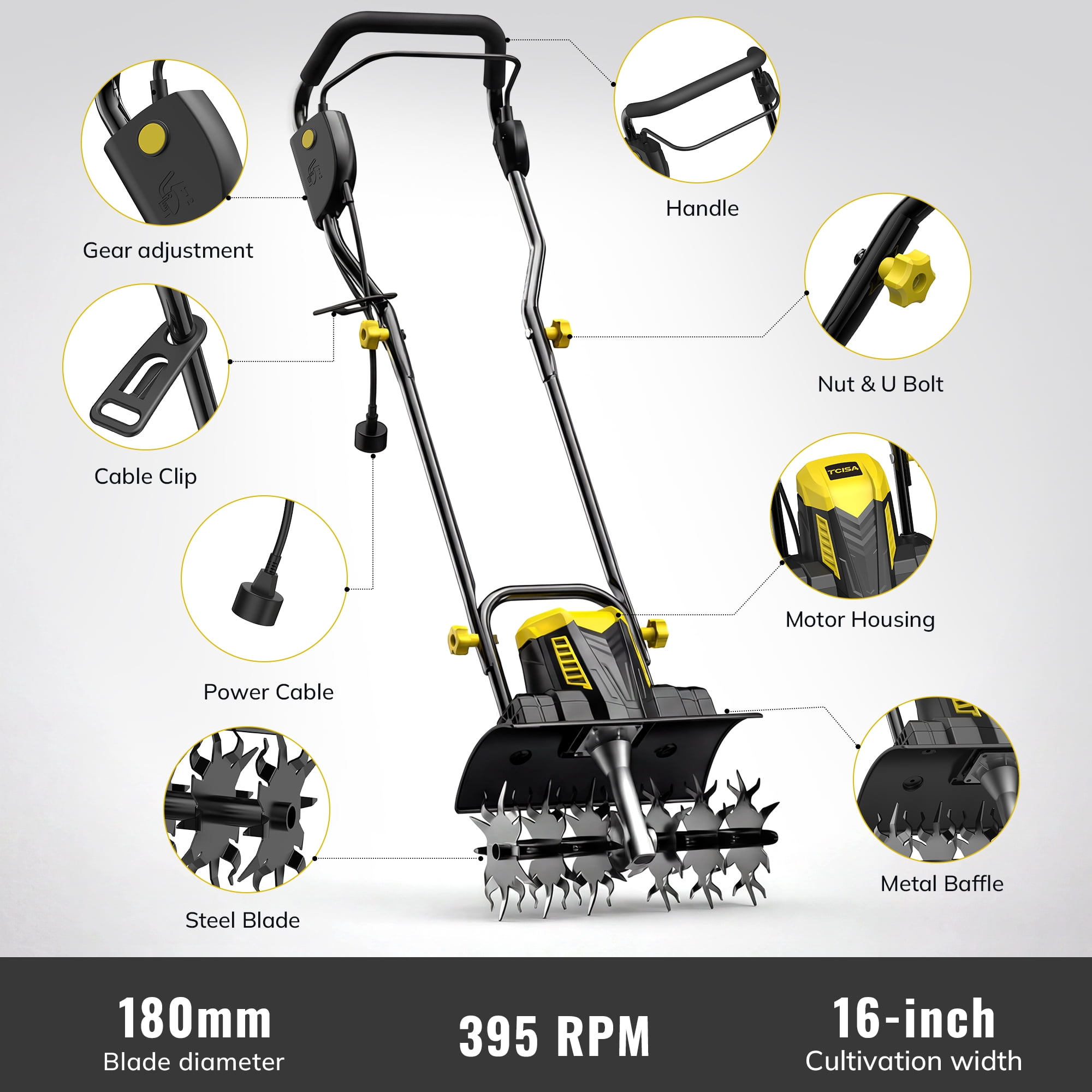 Tcisa Electric Garden Tiller, 16-in Working Width with Mudguards for Gardening Weeding Soil Cultivation, Yellow