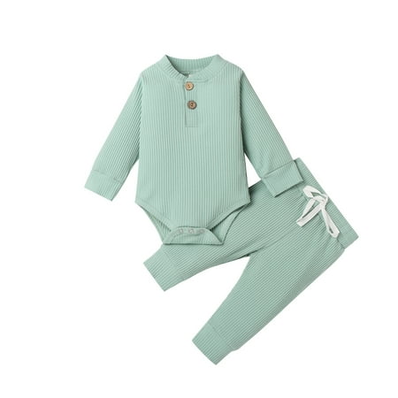 

BrilliantMe Winter Newborn Baby Boy Girl Clothes Set Ribbed Outfits Unisex Infant Solid Cotton Button Long Sleeve Tops Pants 2PCS
