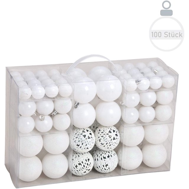 Christmas Tree Balls Set In 10 Christmas Colors - 100 Christmas Balls White Made Of Plastic - White- Christmas Tree Decorations & Christmas Tree Decorations