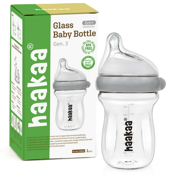 Biberón de Vidrio Haakaa Gen.3 para Bebés, Cuello Ancho, Libre de BPA, 180 ml