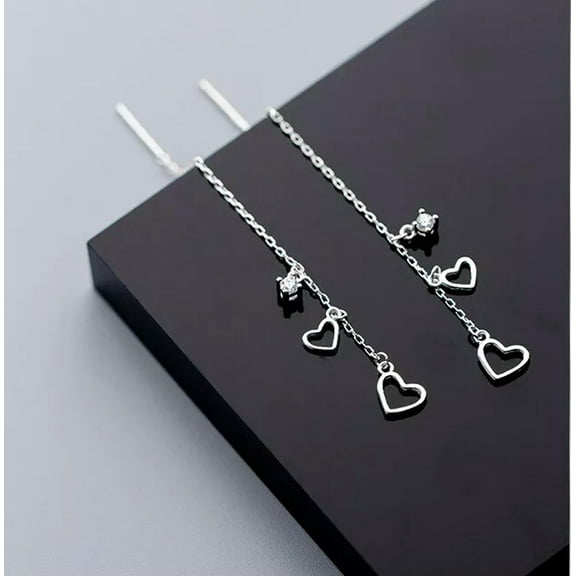 EOEMY 925 Silver Hearts Pull Through Thread Threader Dangle Earrings Drop