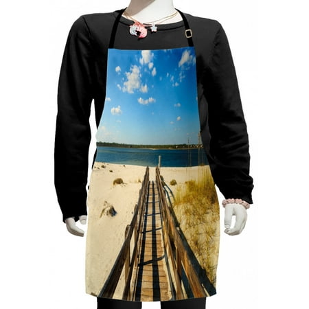 

Beach Kids Apron Perdido Beach and Long Pier Deck over Sand Gulf of Mexico South America Resort Theme Boys Girls Apron Bib with Adjustable Ties for Cooking Baking Painting Cream Blue by Ambesonne