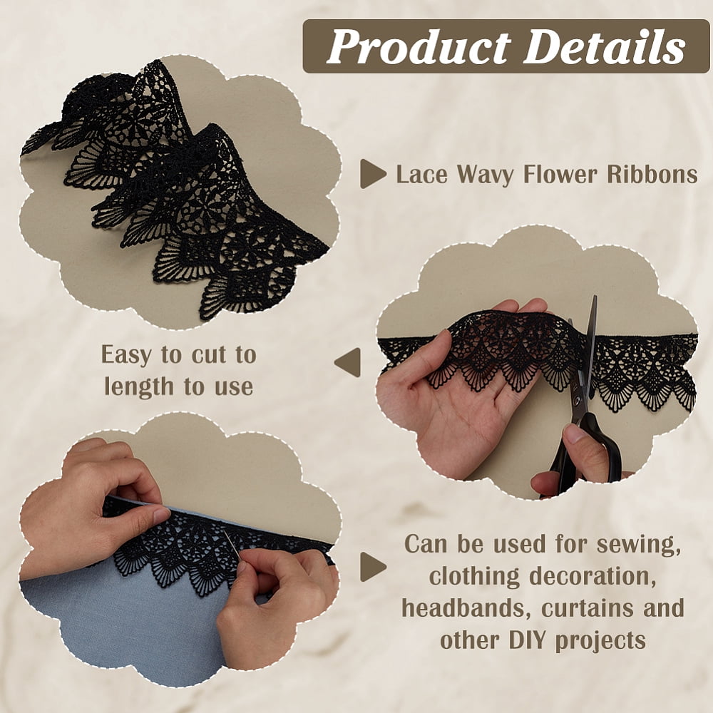1Pc Polyester Lace Wavy Flower Ribbons for Cloth DIY Making Decor 1Pc Cardboard Display Card Black 2-3/8 inch(60mm) 6.56 Yards(6m)/Set