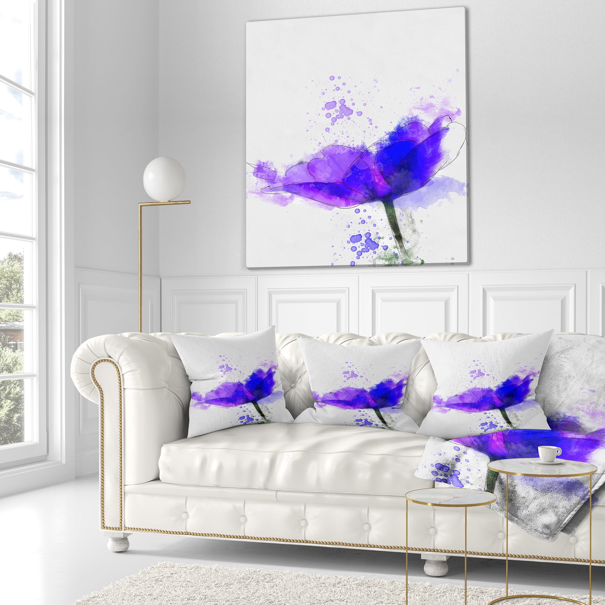 Designart Beautiful Blue Anemone Sketch - Floral Throw Pillow - 16x16