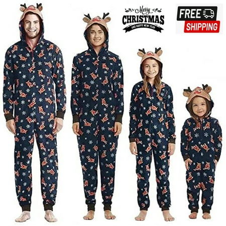 

Christmas Pajamas For Family - Family Christmas PJs Matching Sets Elk Print Hooded Long Sleeve Jumpsuit