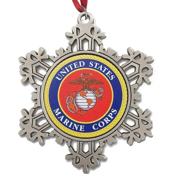 US Marine Corps Pewter Snowflake Ornament with Color Printed Insert Made in USA