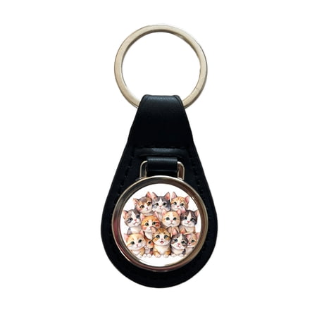 Sweet Munchkin Cats Metal Black Leather Keychain