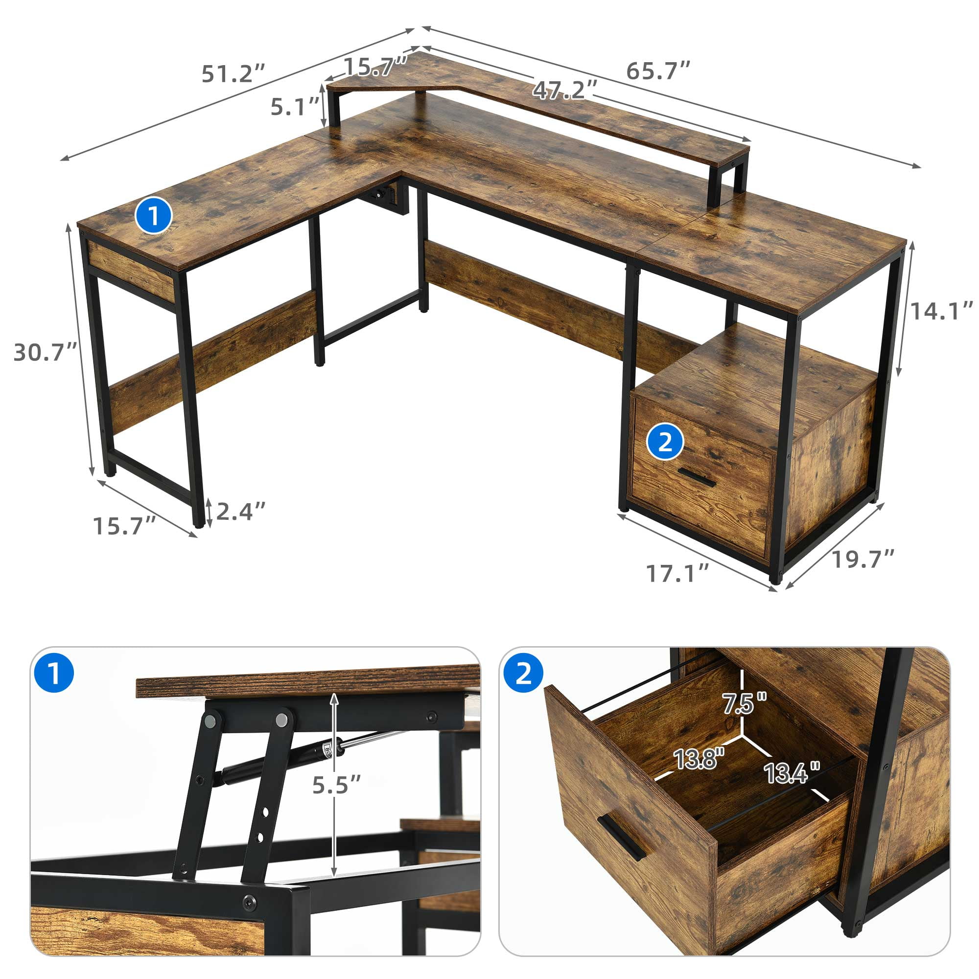 Uforic 65" L Shaped Desk with Lift Top & Monitor Stand, Computer Desk with File Drawer, Corner Desk Office Desk Executive Desk with Storage Shelves for Home Office, Brown