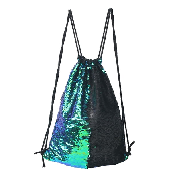 Mochila con cordón Paquete de lentejuelas de piel sintética para mujer Bolsa de almacenamiento para deportes al aire libre, Verde Negro Noticed AP001152-01B