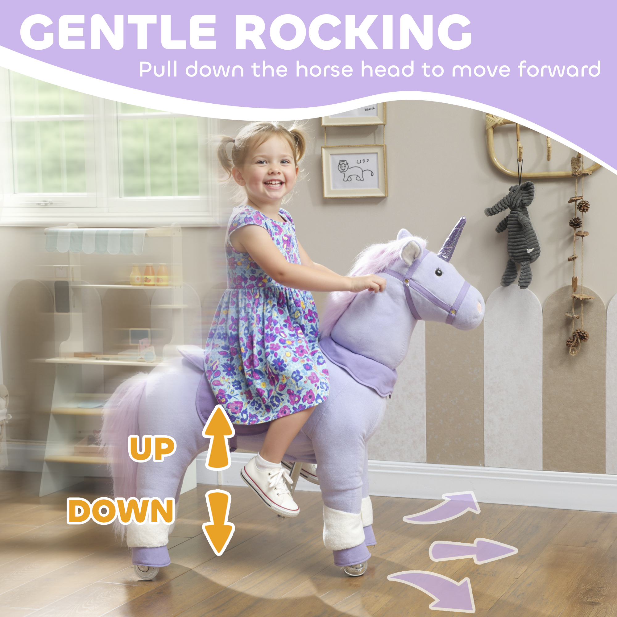 Qaba Ride on Unicorn Toy for Kids 4-7 Years, 37.8 Inch Plush Baby Rocking Horse, Mechanical Walking Animal with Wheels, No Batteries Required, Purple
