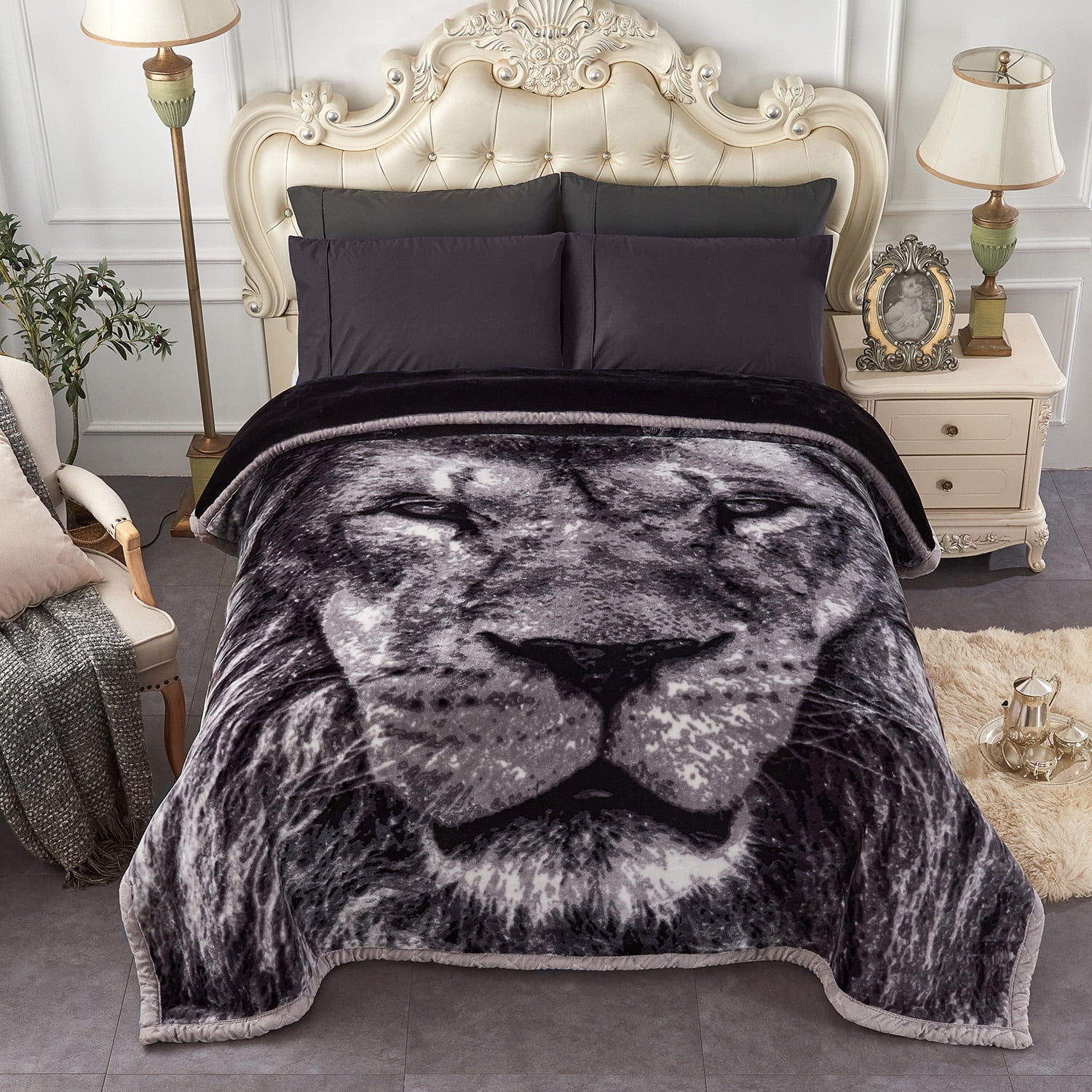 10lbs Heavy Thick A&B Pattern Blanket 2Ply Reversible - Thick Warm Plush Korean Style Bed Blanket, King Size Fleece Plush Blanket, Soft Winter Blanket For Adult 87" x 95", Eagle & Lion