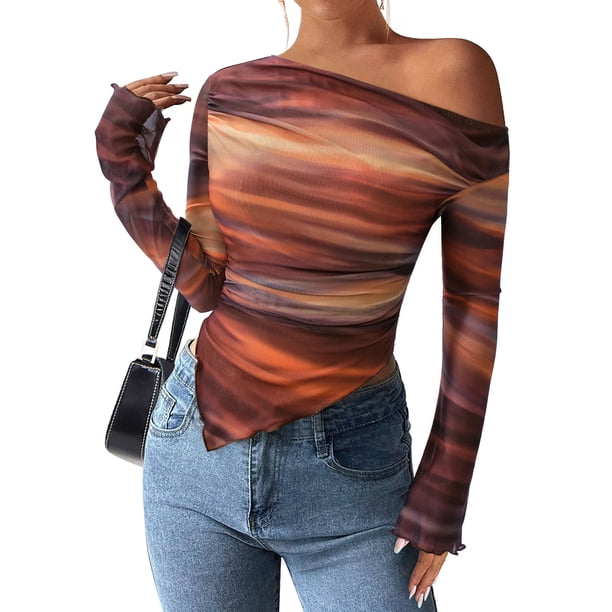 Blusa PRETTYGARDEN Otoño 2025 con Escote Bardot y Teñido Anudado Marrón S
