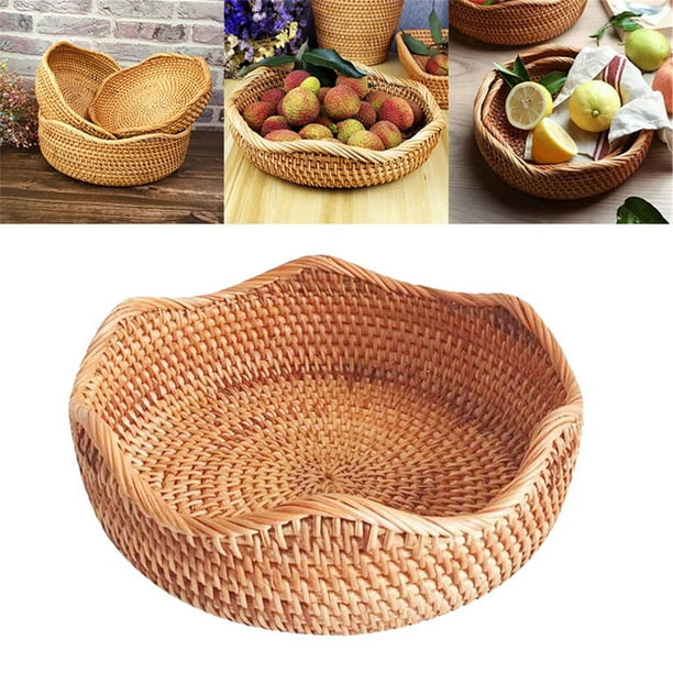 myvepuop Plato de frutas Cesta de pan de caña Cesta de frutas redonda Cuenco de almacenamiento de mimbre Cesta de servicio tejida natural Cuenco Organizador de mostrador de cocina Cesta decorativa A