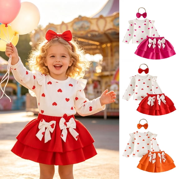 Pandaie Toddler Girls Heart Print Two Piece Outfit Ruffle Long Sleeve Top Tiered Skirt Bow Headband Birthday Party Holiday Photo Shoots Hot Pink,6-12 Months