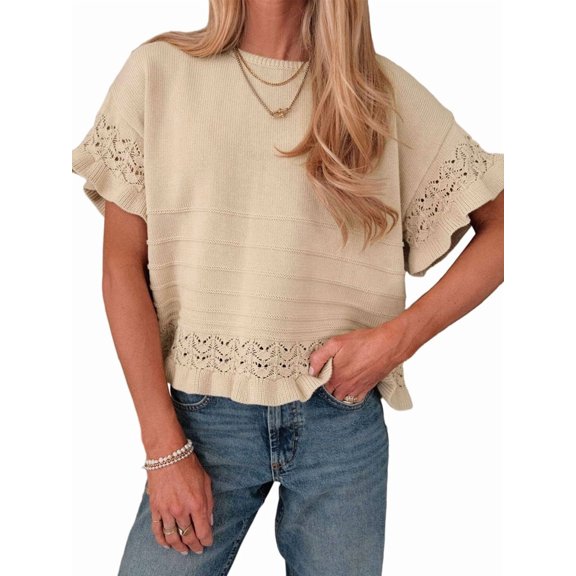 Women's Knit Crochet Short Sleeve Round Neck Ruffled Hem Pullover Fall Sweater for Casual Summer Khaki S