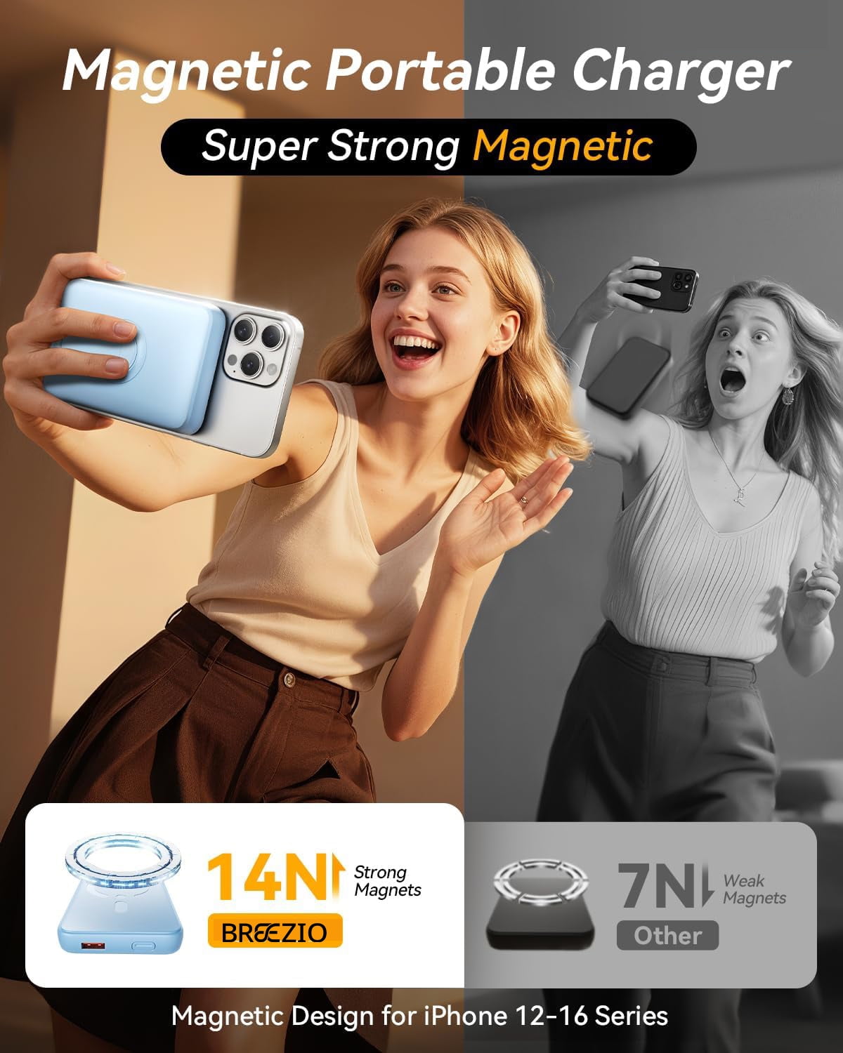 Magnetic Wireless Portable Charger, 12000mAh Power Bank, Fast Charging Battery Pack Compatible for iPhone 17/16/15/14/13, Blue