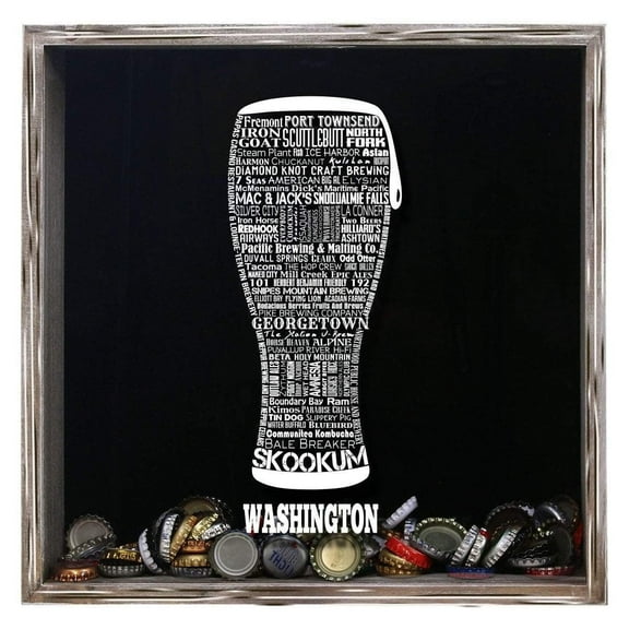 Torched Washington Beer Cap Shadow Box Wall Mount Decor 13"x13"x3" Gray
