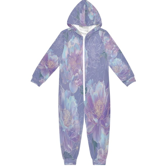 Soft Big Kids Onesie Pajamas Cozy Loose-Fit Jumpsuits for kids with Pockets for Christmas Lounge & Play Light Purple Peony
