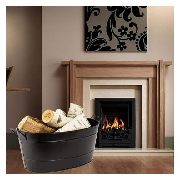 Traditional Black Oval Tub Galvanized Steel and Black Powder Coat Finish for Firewood with Handles for Easy Carrying, Party or Get- Serve Up