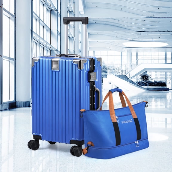 20 Inch Carry On Luggage with Matching Expandable Travel Duffel Bag – Blue Hard Shell ABS Suitcase with Aluminum Frame, Dual TSA Locks & Silent Wheels