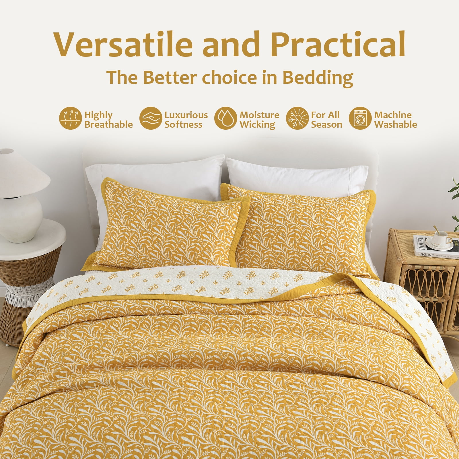 DUOHONG Queen Quilt Set 100% Cotton Farmhouse Lightweight Bedding Set, White/Tangerine Yellow, 90"W x 98"L
