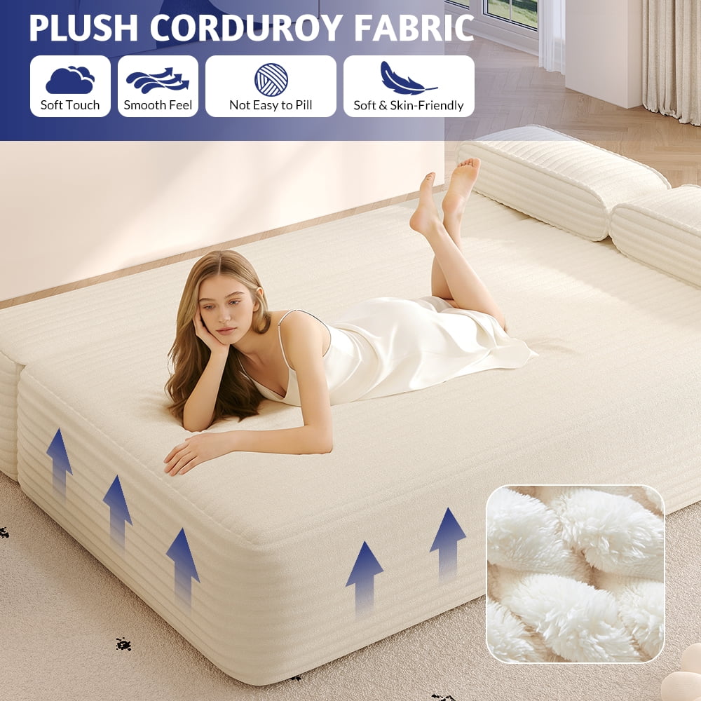 Miniyam 78.7" Sleeper Sofa Bed, Convertible Corduroy Floor Couch, No Assembly, 3 Pillows, Beige