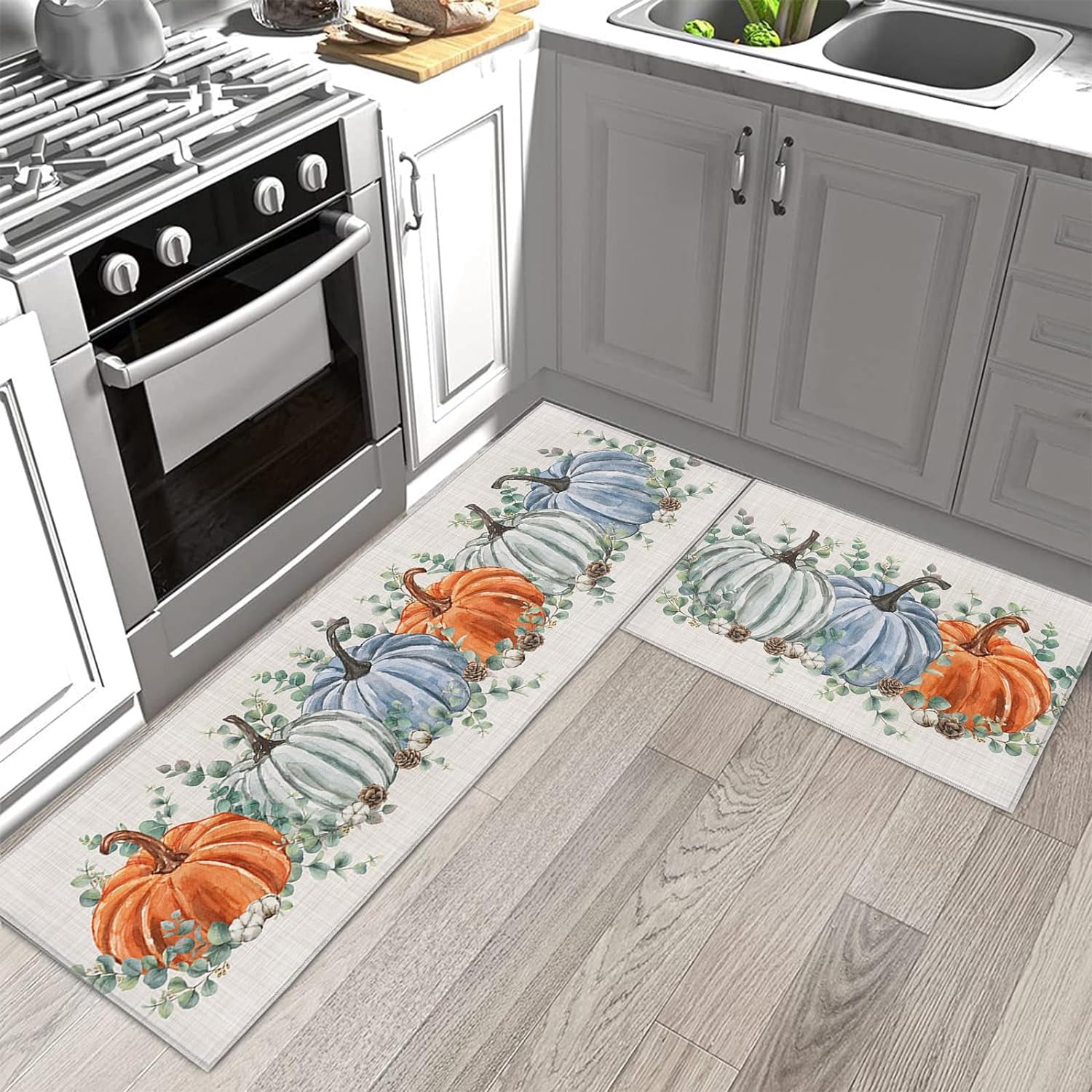 Fall Harvest Pumpkins Kitchen Rugs and Mats Non Skid Washable Floor Doormat, Thanksgiving Eucalyptus Leaf Branch 2 Piece Comfort Sink Standing Rug Area Runner Non-Slip Rubber Backing Mat Retro Linen