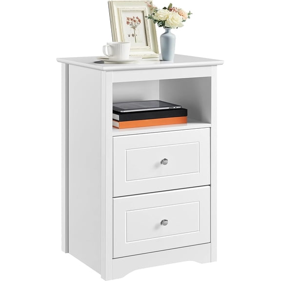 JessieMal Nightstand with 2 Drawer and 1 Open Shelf, 29" Tall Bedside Table Wooden Flie Cabinet Telephone Table Bed Side Table with Storage for Bedroom White