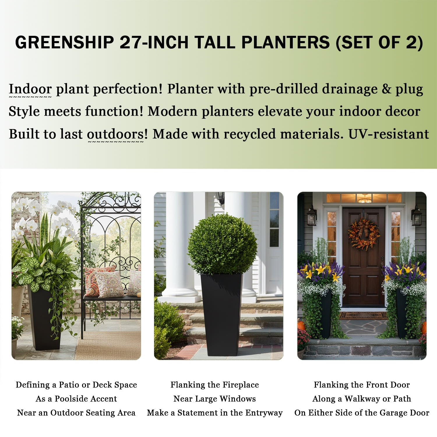 GreenShip 27 inch Large Outdoor Planter, Tall Planters for Outdoor Plants, Set of 2 Flower Pots with Drainage & Inner Shelf, Modern Decorative Garden Pots for Porch, Patio, Front Door