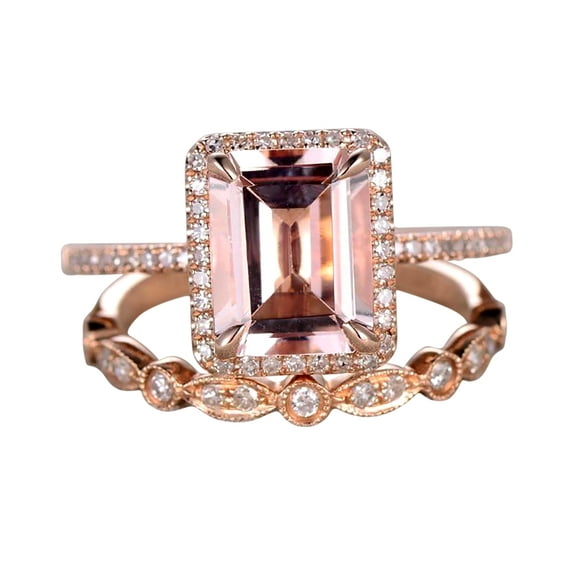 1.50 carat emerald Cut Real Morganite Bridal Set with Moissanite Perfect Halo Bridal Set on with 18k Gold Plating