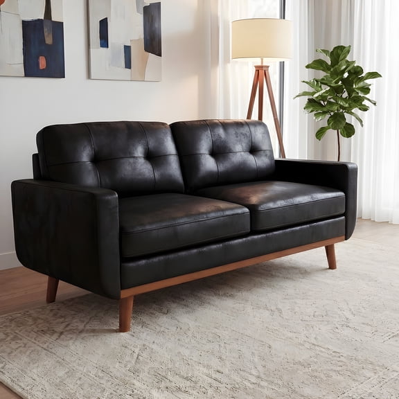 65" Modern 2-Seater Sofa with Breathable Foil Fabric, Tufted Backrest and Solid Wood Legs, Compact Loveseat Couch for Living Room, Bedroom, Apartment