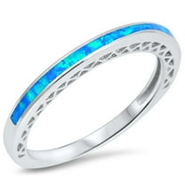 CHOOSE YOUR COLOR Blue Simulated Opal Thin Wedding Ring .925 Sterling Silver Band CZ Female Size 7