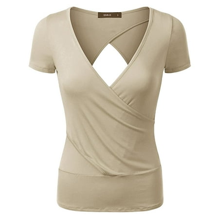 Doublju Women Short Sleeve Deep V Neck Trendy Open Back Wrap T shirt BEIGE
