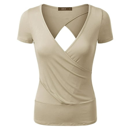 Womens Open Neck Shirt - Doublju Women Short Sleeve Deep V Neck Trendy Open Back Wrap T shirt BEIGE S