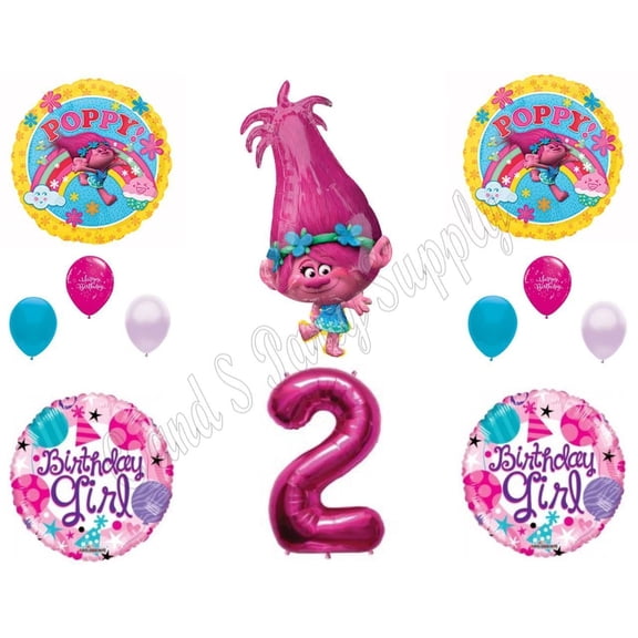 POPPY TROLLS 2nd Birthday Girl Happy Party Balloons Decoration Supplies Movie