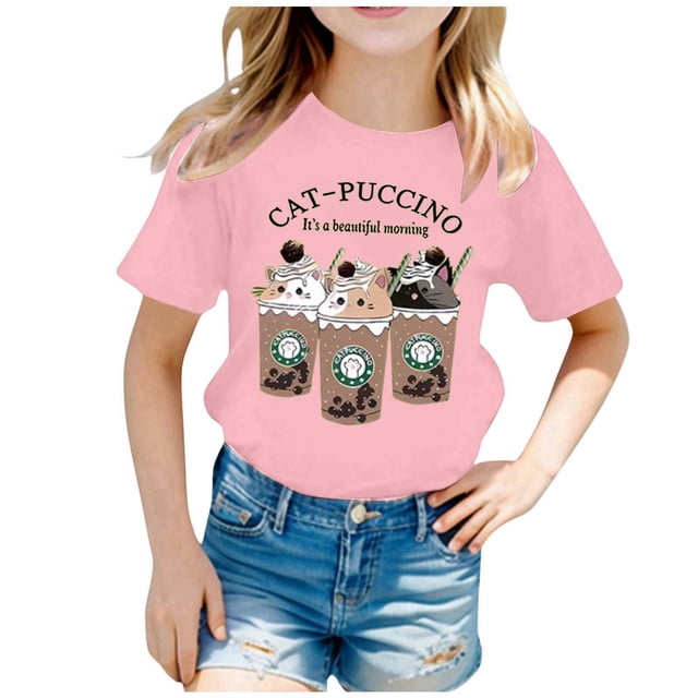 WEAIXIMIUNG Vêtements pour Enfants Filles 7-8 École Enfants Filles Mignon Mode Imprimé Col Rond Manches Courtes Tee Été Décontracté T-Shirt Ample Hauts Confortables