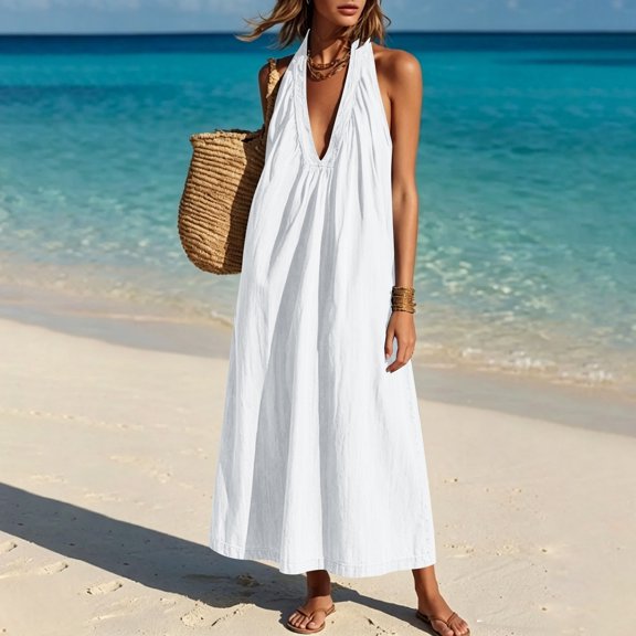 Asgosdo Dresses for Women Halter V Neck Sleeveless Pleated Solid Color Loose Fit Casual Beach Vacation Maxi Dress