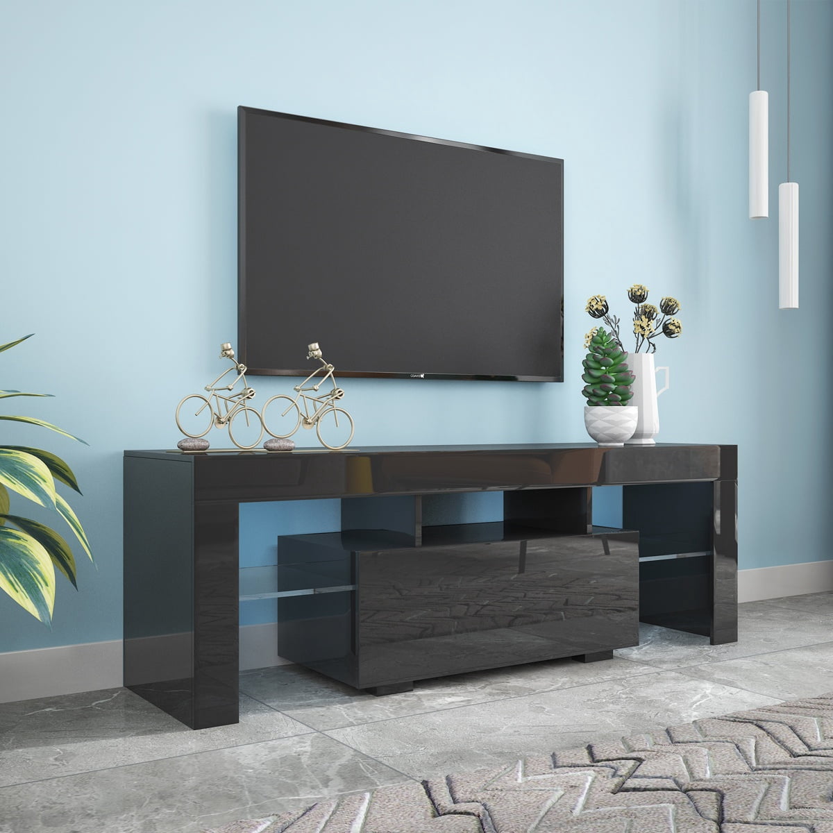 YWEN 51'' LED TV Stand, High Glossy Modern Entertainment Center with LED Lights and Storage for 40/43/50/55 Inch TV (Black, 51'' x 14'' x 18'')