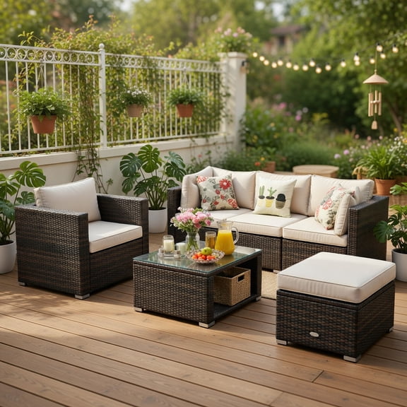 Topcobe 6 Pcs Patio Rattan Furniture Set with Sectional Cushion, Outdoor Patio Furniture for Garden Backyard-White