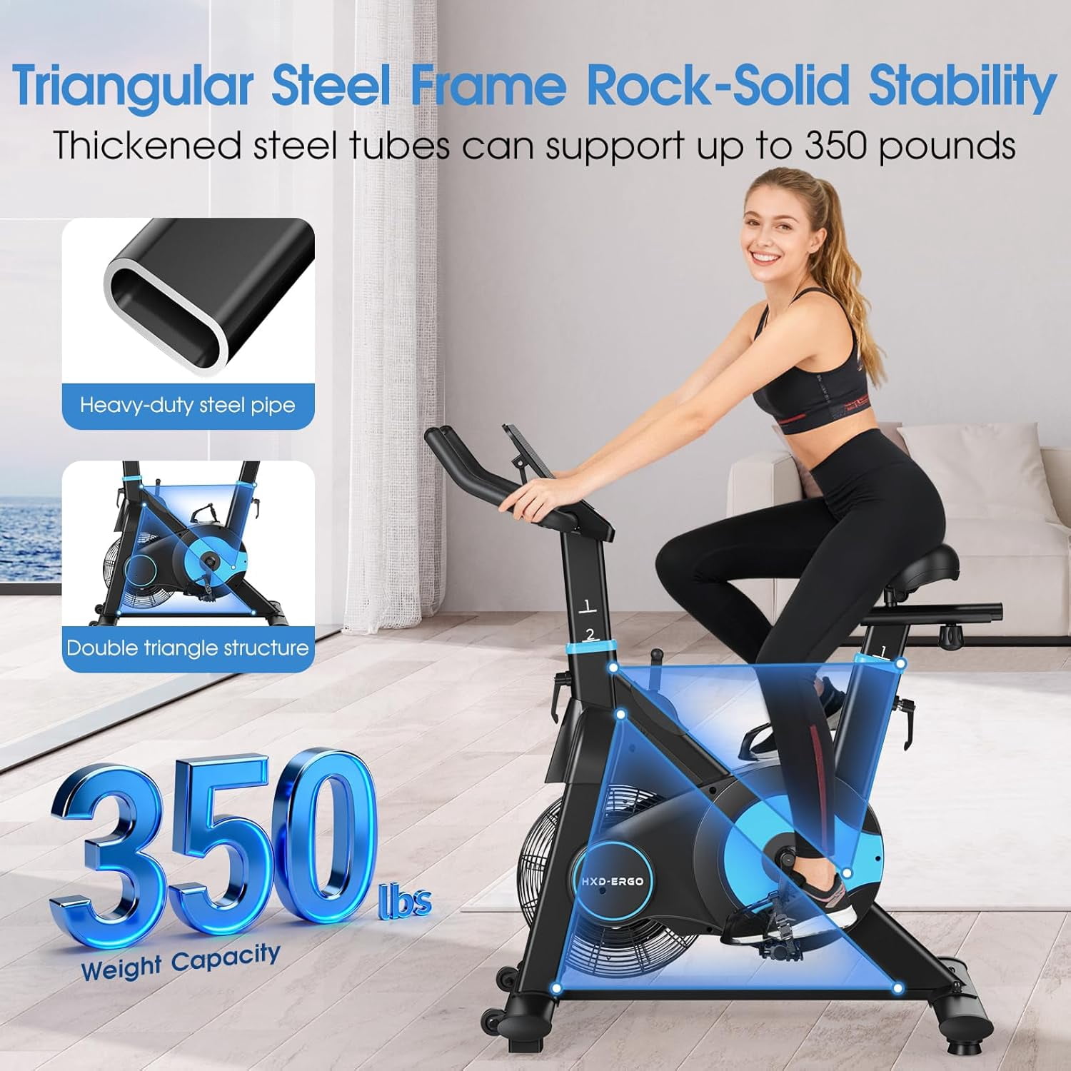 HXD-ERGO Exercise Bike, Air & Magnetic Resistance Stationary Bike for Home, Silent Belt Drive, App Compatible Cycling Bike with LCD Monitor, 350lbs Capacity Workout Bike