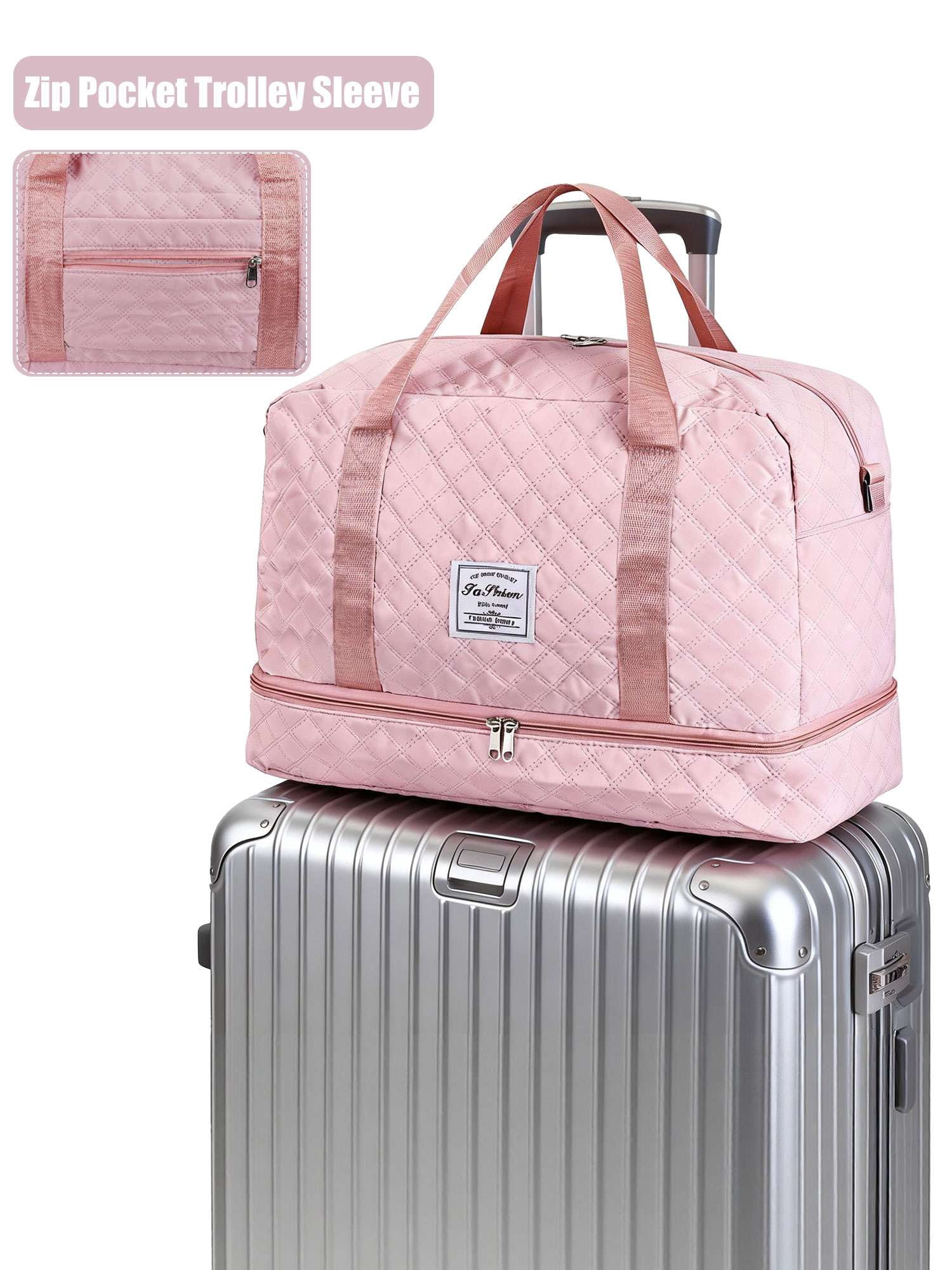 Gustave Quilted Travel Duffle Bag for Women Large Capacity Overnight Weekender Gym Hospital Bag Water Resistant Carry On Totes with Shoe Compartment & Wet Pocket, Pink