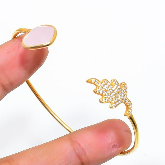 Pink Chalcedony Gemstone 925 Sterling Silver Cuff Bangle Adjustable