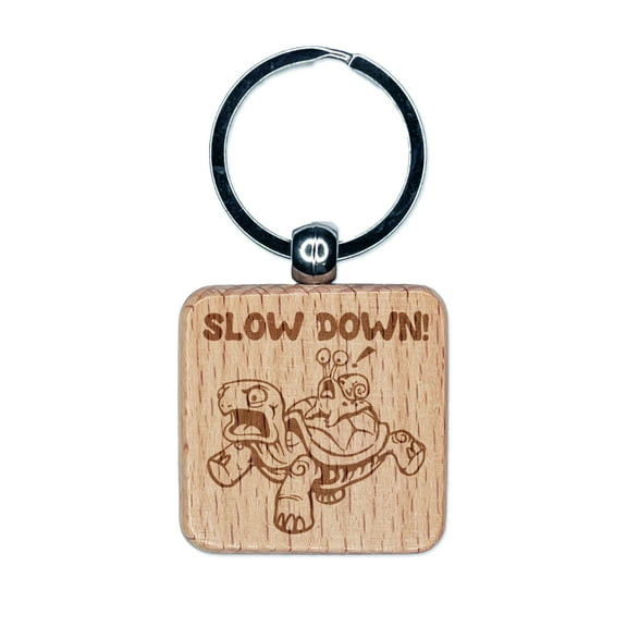 Slow Down Turtle Tortoise and Snail Square Keychain Charm Tag - Engraved Wood